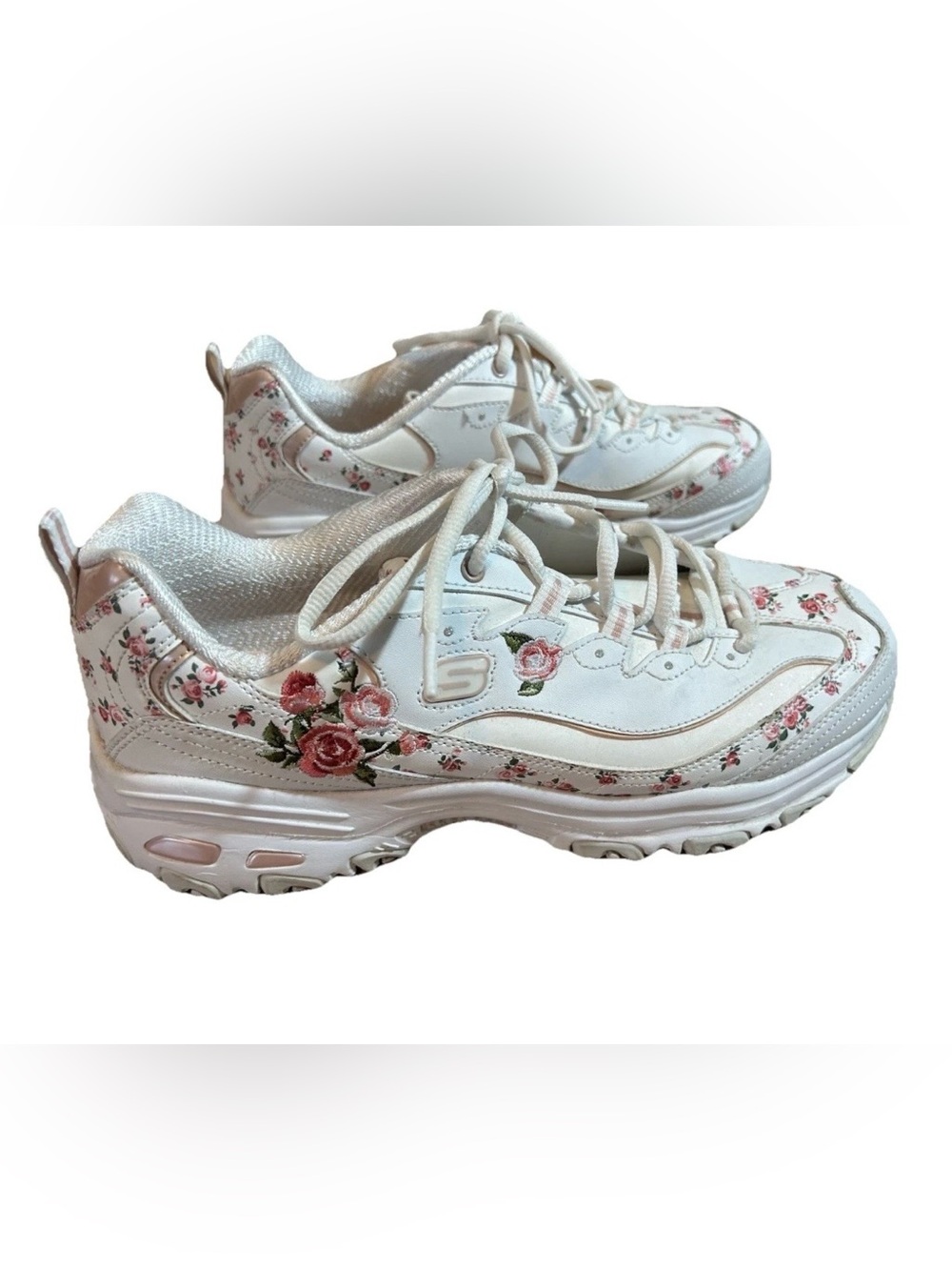 Skechers D'Lites Blooming Path Womens Size 11 Pink Rose Embroidered RARE!!